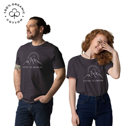 Eco-friendly -shirt with  with mountain design and 'Explore the Unknown' text.