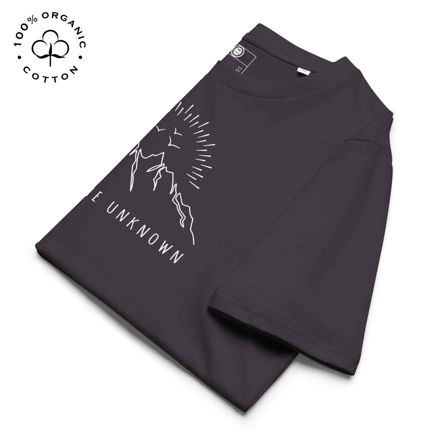 Eco-friendly -shirt with  with mountain design and 'Explore the Unknown' text.