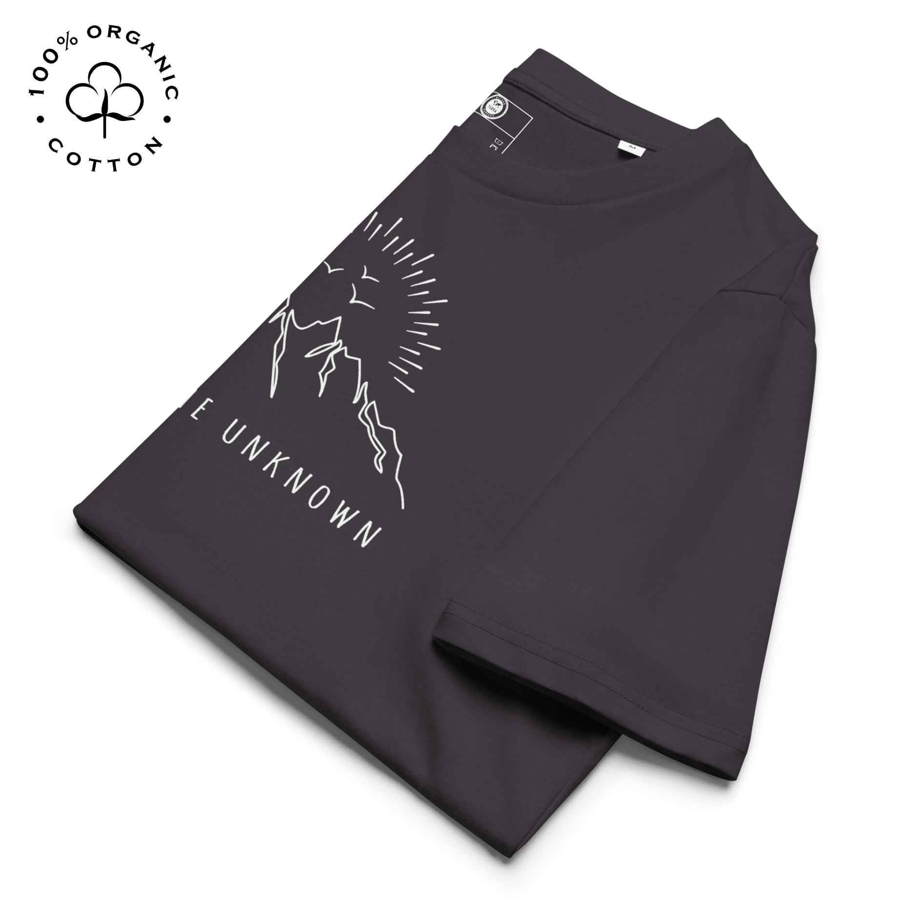 Eco-friendly -shirt with  with mountain design and 'Explore the Unknown' text.