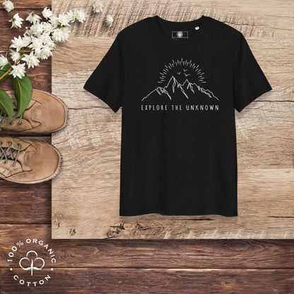Eco-friendly -shirt with  with mountain design and 'Explore the Unknown' text.