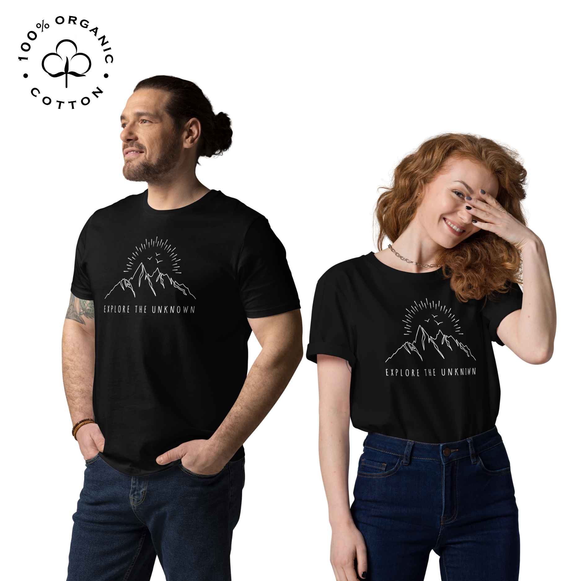 Eco-friendly -shirt with  with mountain design and 'Explore the Unknown' text.