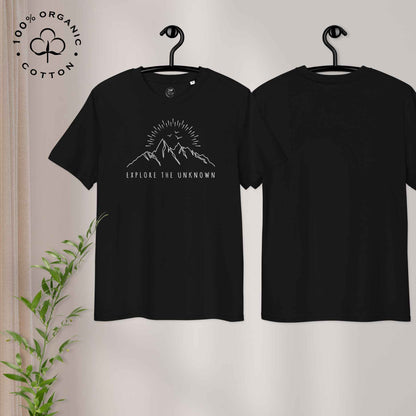 Eco-friendly -shirt with  with mountain design and 'Explore the Unknown' text.