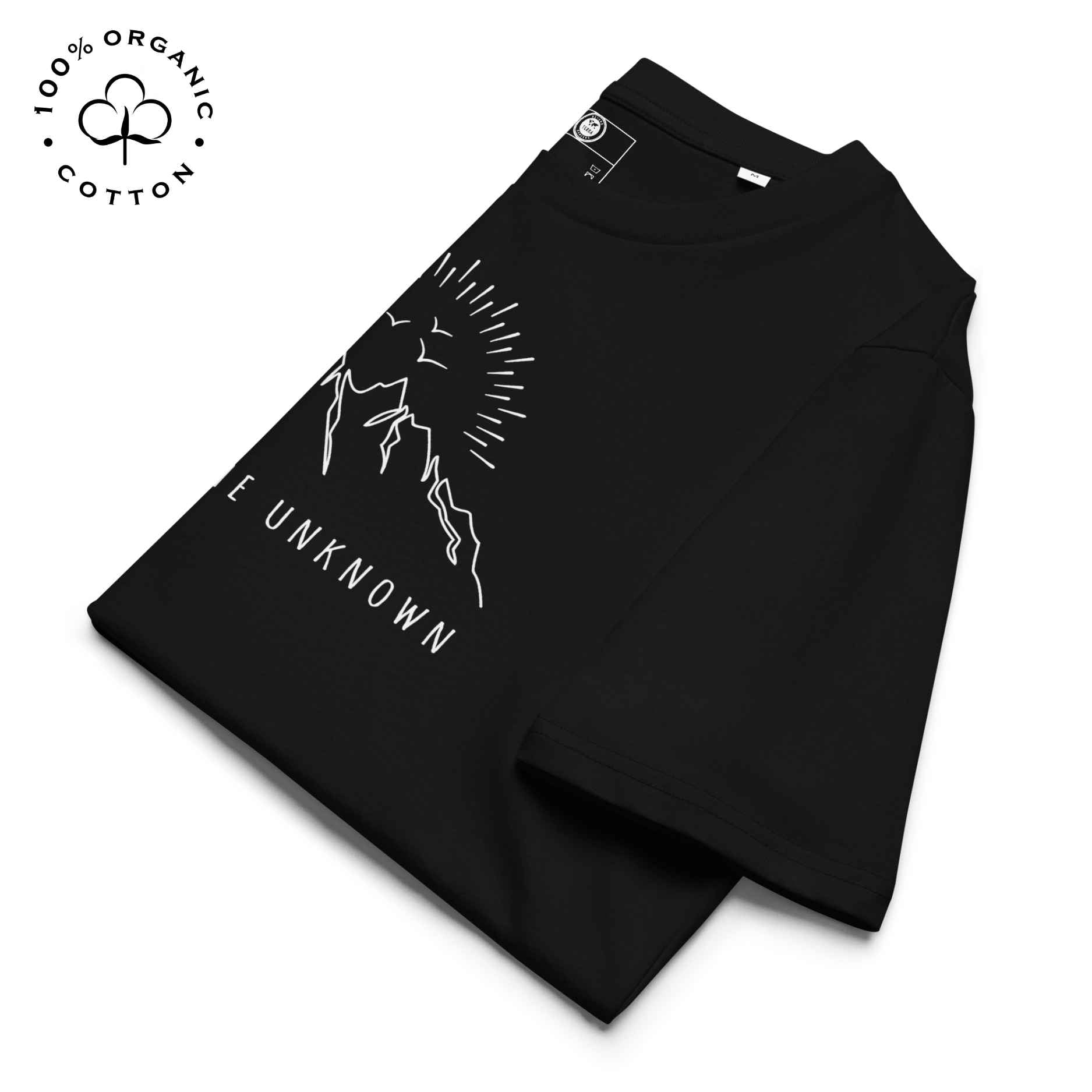 Eco-friendly -shirt with  with mountain design and 'Explore the Unknown' text.