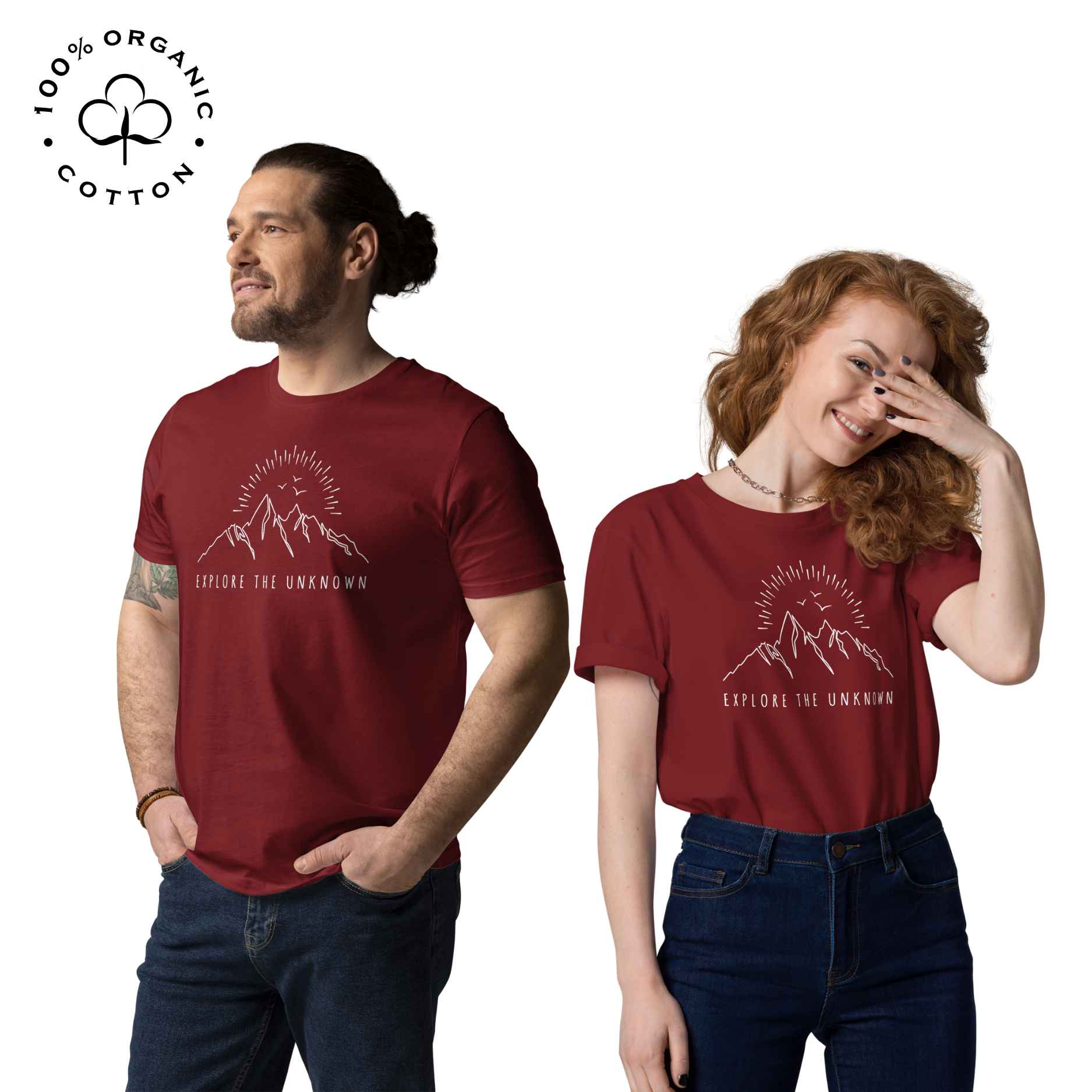 Eco-friendly -shirt with  with mountain design and 'Explore the Unknown' text.