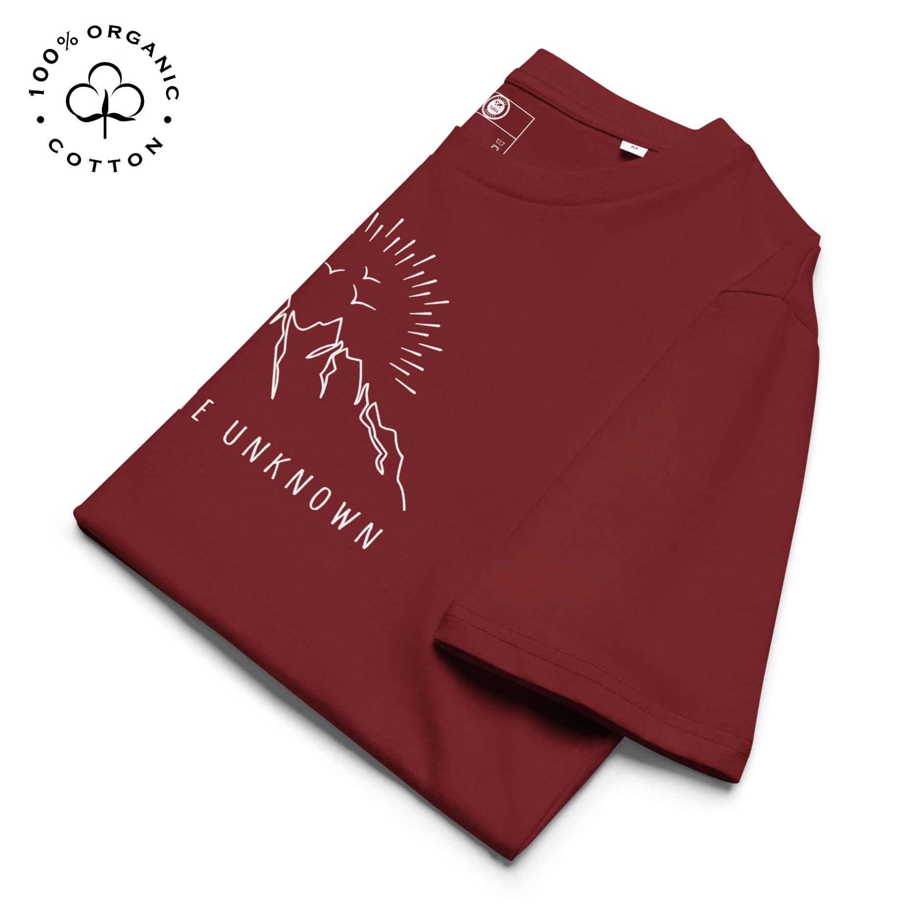 Eco-friendly -shirt with  with mountain design and 'Explore the Unknown' text.