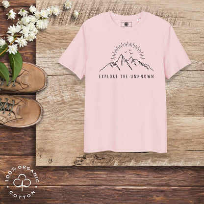 Eco-friendly -shirt with  with mountain design and 'Explore the Unknown' text.