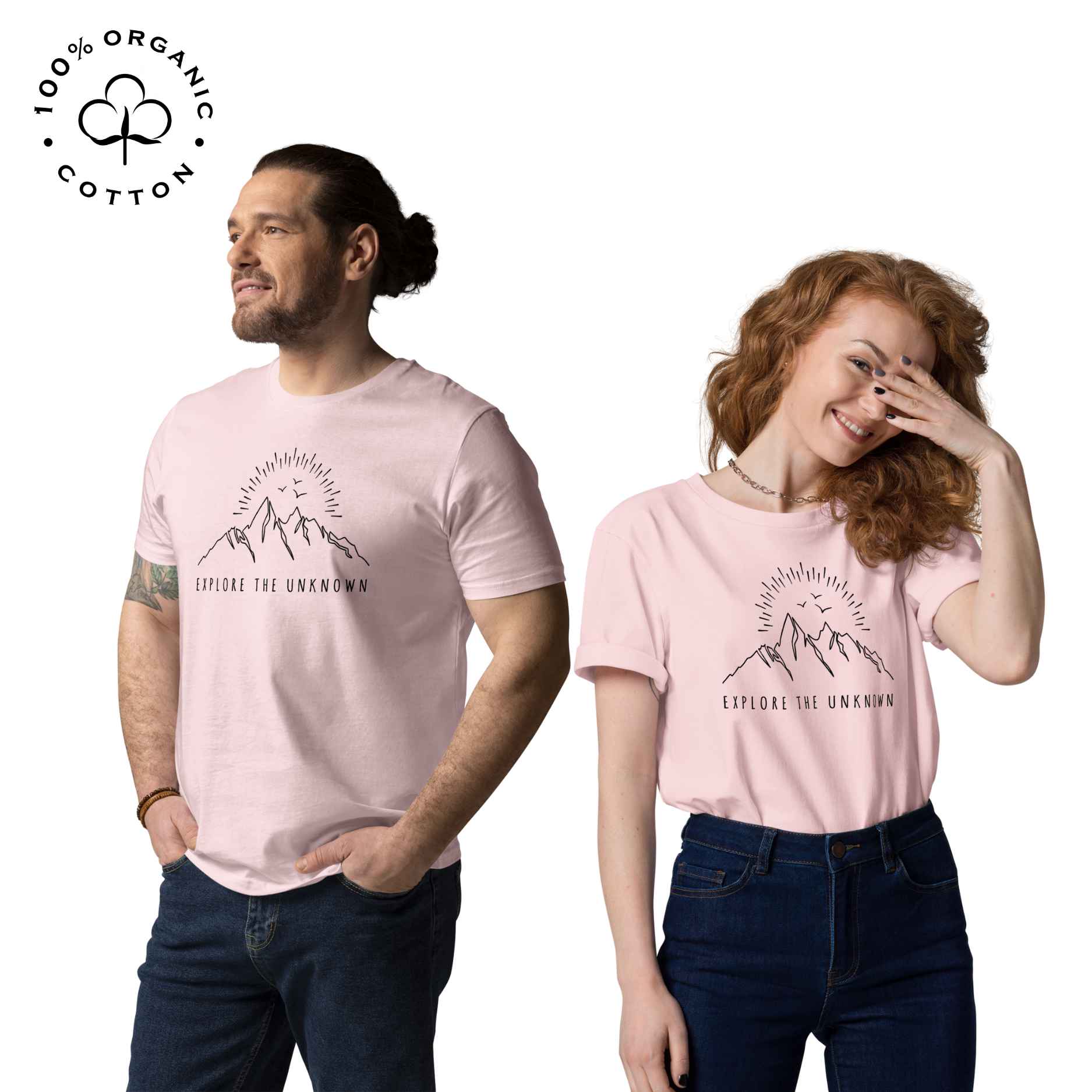 Eco-friendly -shirt with  with mountain design and 'Explore the Unknown' text.