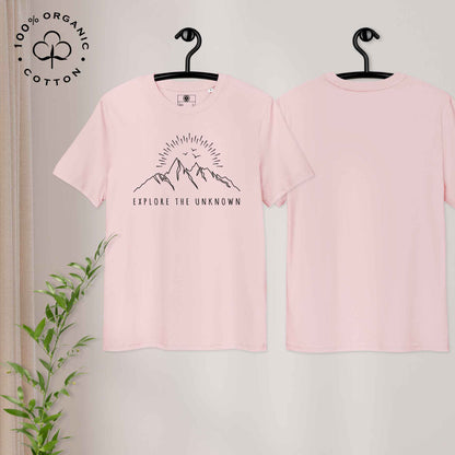 Eco-friendly -shirt with  with mountain design and 'Explore the Unknown' text.