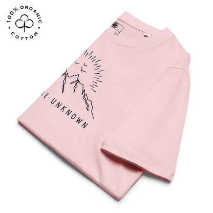 Eco-friendly -shirt with  with mountain design and 'Explore the Unknown' text.