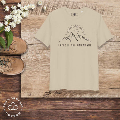 Eco-friendly -shirt with  with mountain design and 'Explore the Unknown' text.
