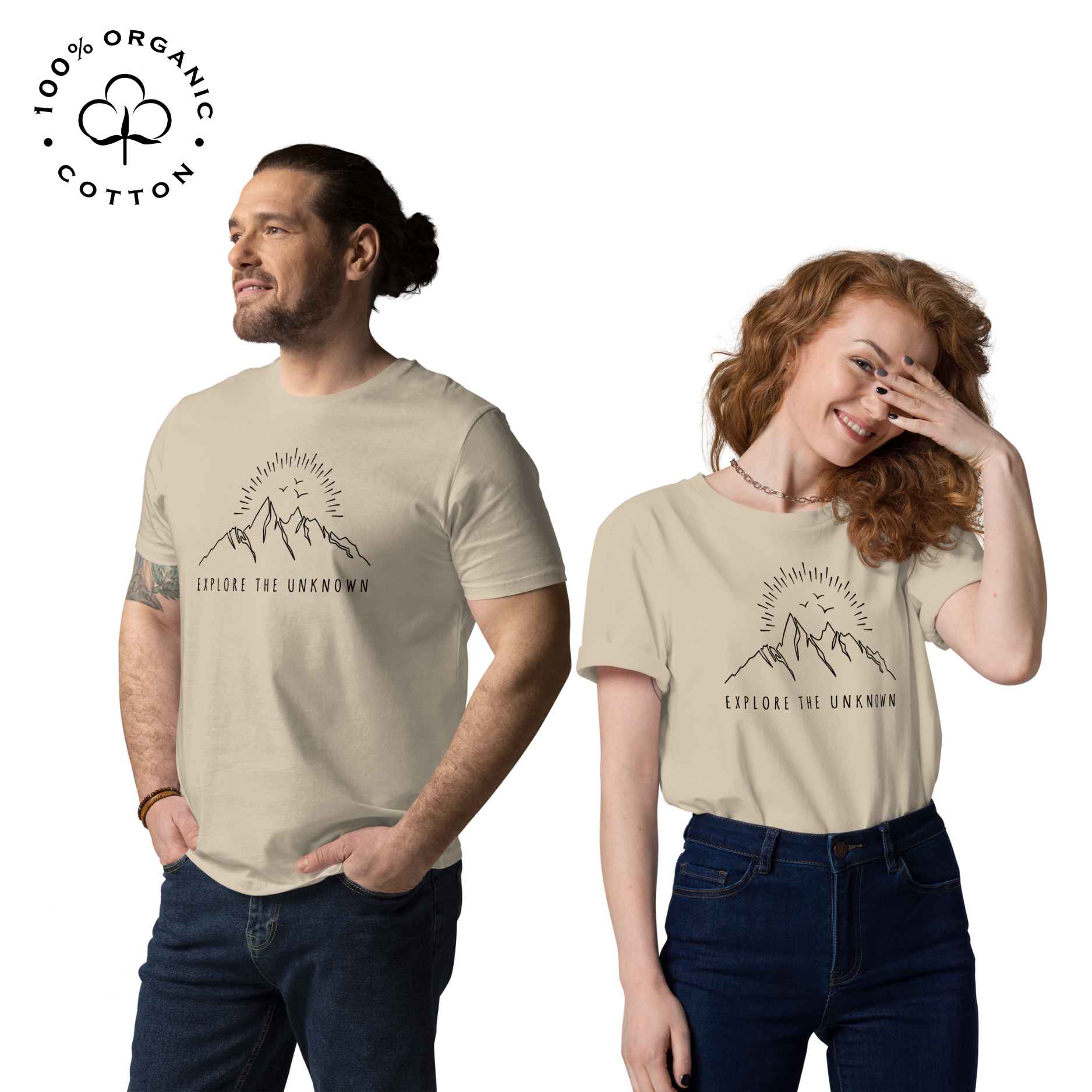 Eco-friendly -shirt with  with mountain design and 'Explore the Unknown' text.