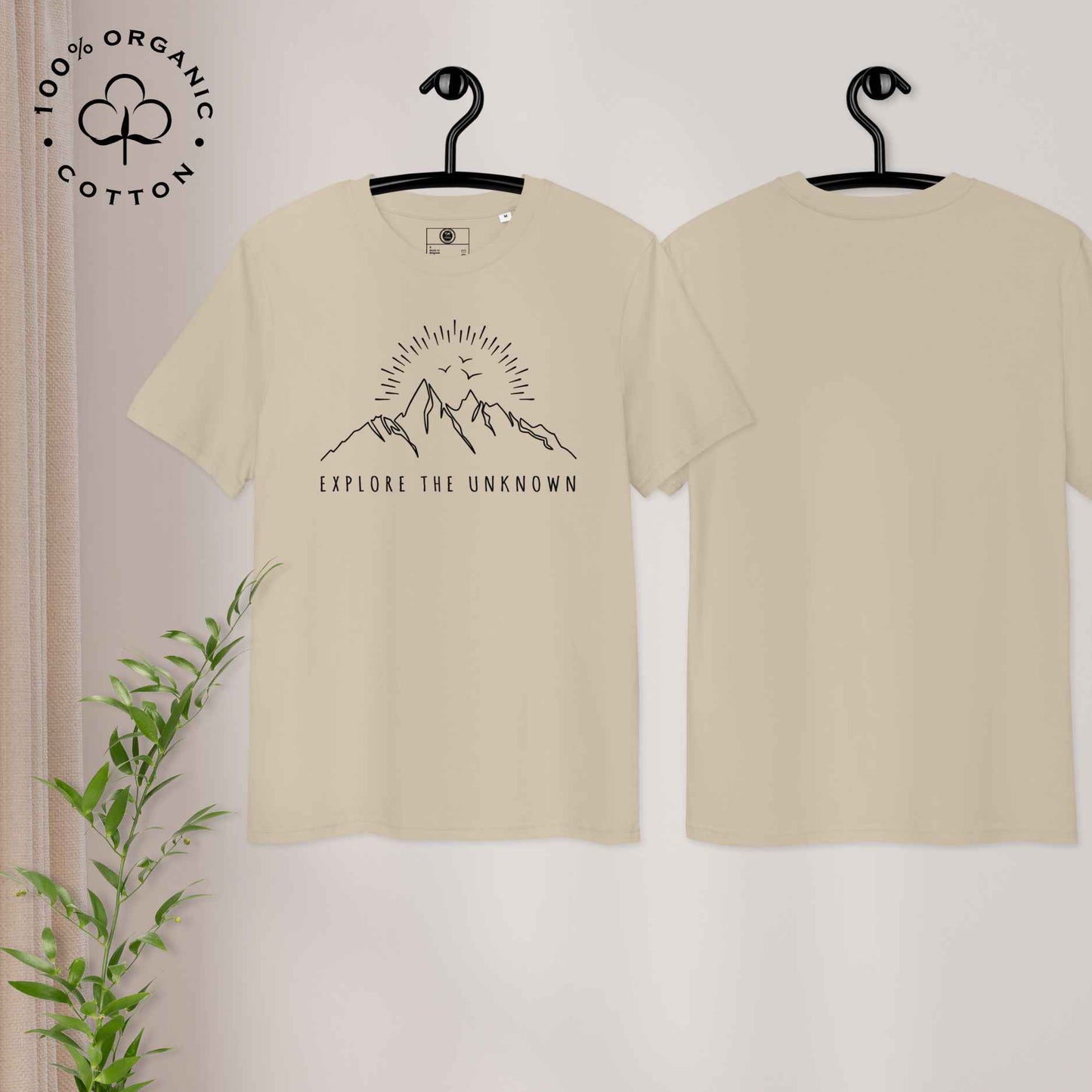 Eco-friendly -shirt with  with mountain design and 'Explore the Unknown' text.
