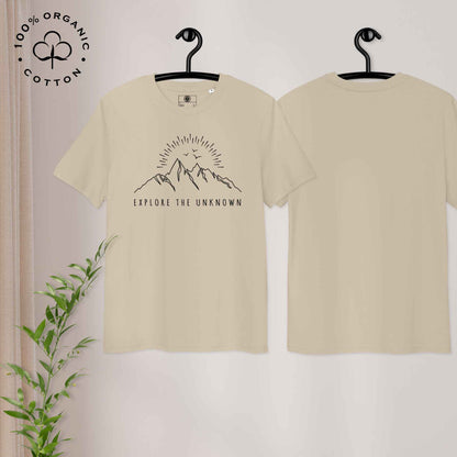 Eco-friendly -shirt with  with mountain design and 'Explore the Unknown' text.