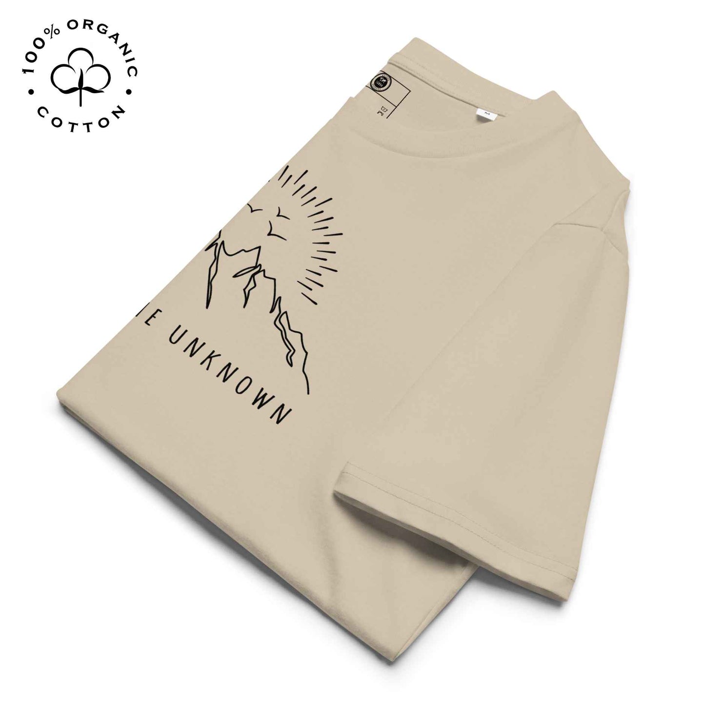 Eco-friendly -shirt with  with mountain design and 'Explore the Unknown' text.