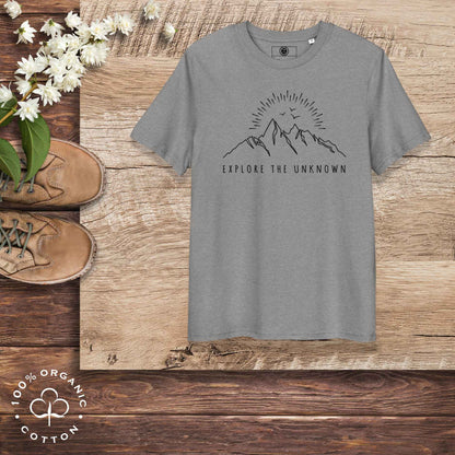Eco-friendly -shirt with  with mountain design and 'Explore the Unknown' text.