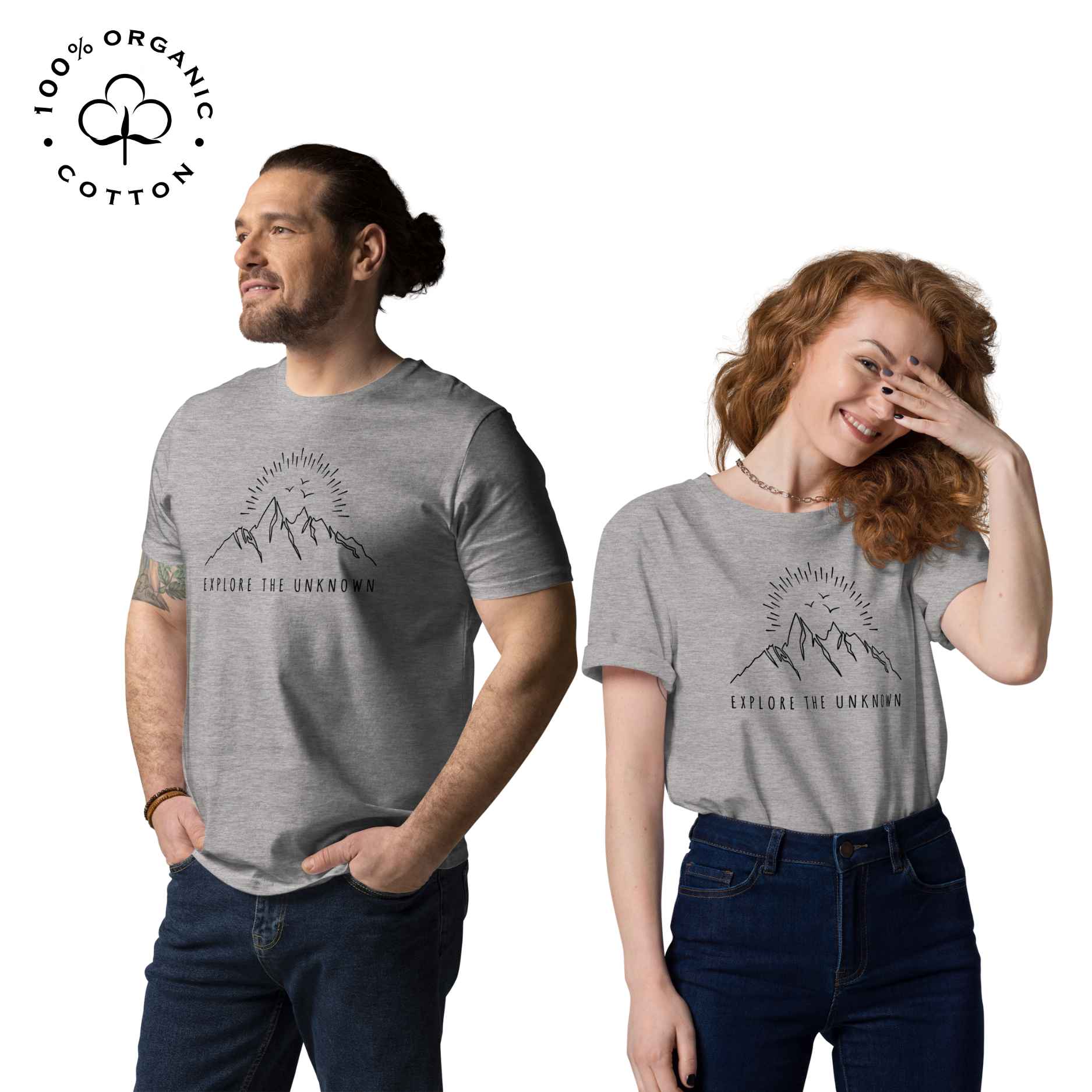 Eco-friendly -shirt with  with mountain design and 'Explore the Unknown' text.