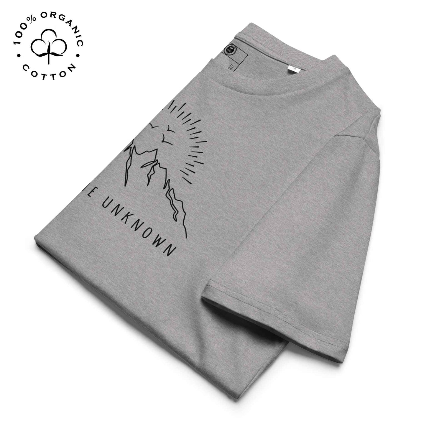 Eco-friendly -shirt with  with mountain design and 'Explore the Unknown' text.