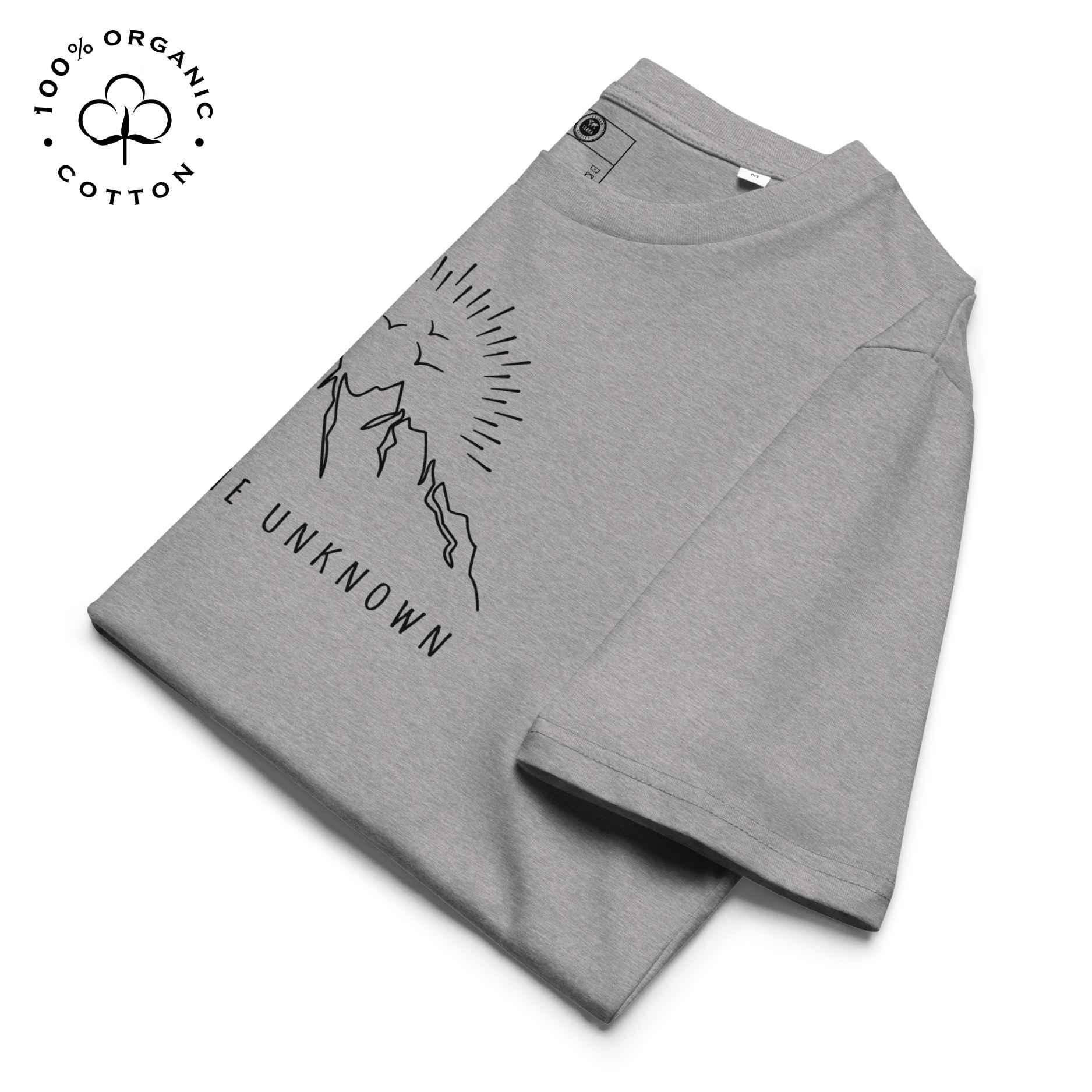 Eco-friendly -shirt with  with mountain design and 'Explore the Unknown' text.