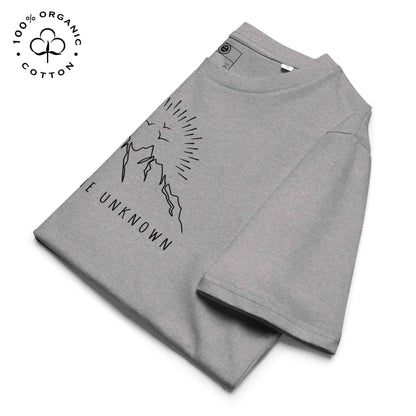 Eco-friendly -shirt with  with mountain design and 'Explore the Unknown' text.