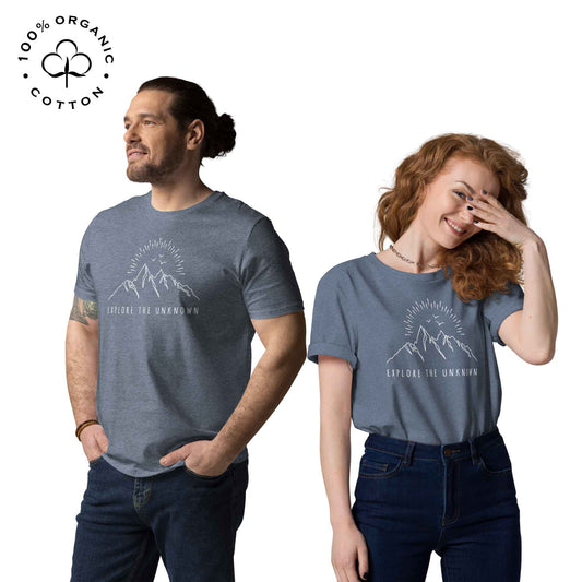 Eco-friendly -shirt with  with mountain design and 'Explore the Unknown' text.