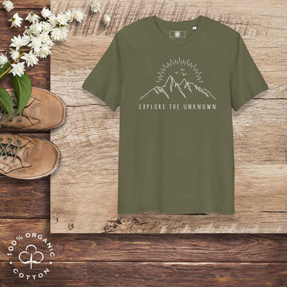 Eco-friendly -shirt with  with mountain design and 'Explore the Unknown' text.