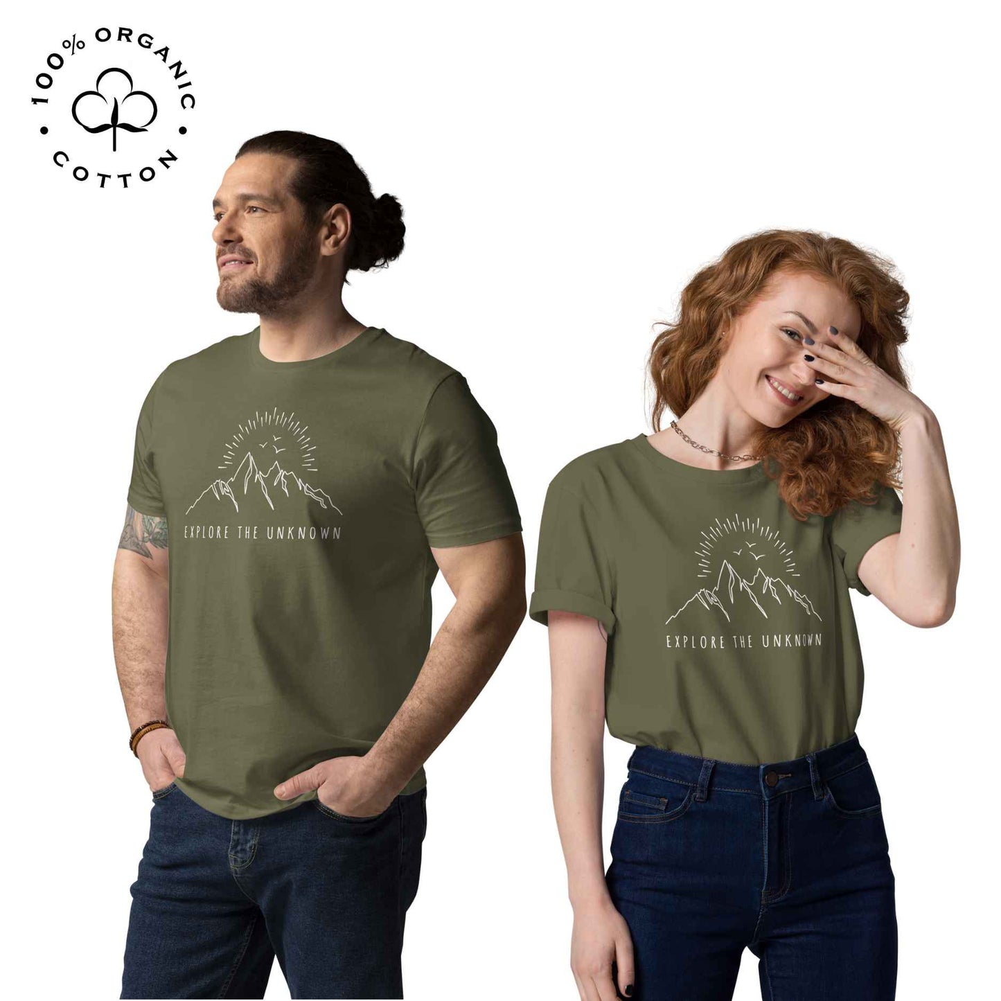 Eco-friendly -shirt with  with mountain design and 'Explore the Unknown' text.