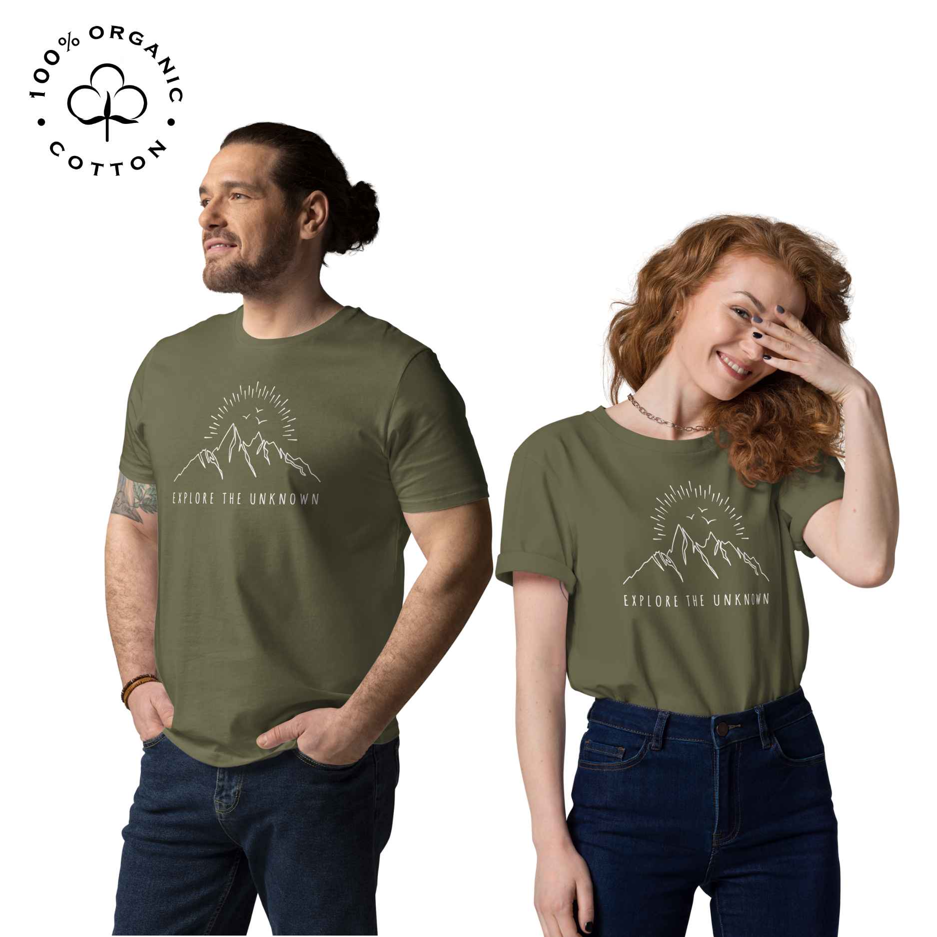 Eco-friendly -shirt with  with mountain design and 'Explore the Unknown' text.