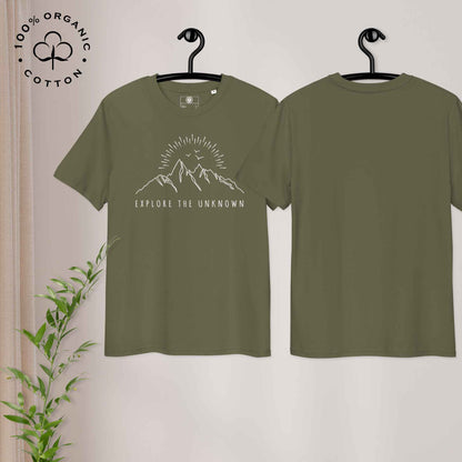 Eco-friendly -shirt with  with mountain design and 'Explore the Unknown' text.
