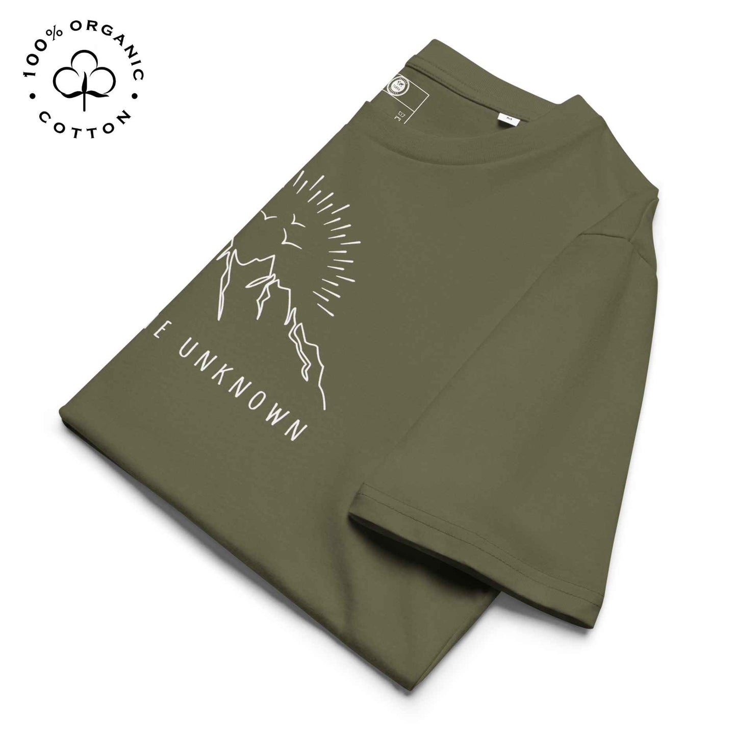Eco-friendly -shirt with  with mountain design and 'Explore the Unknown' text.