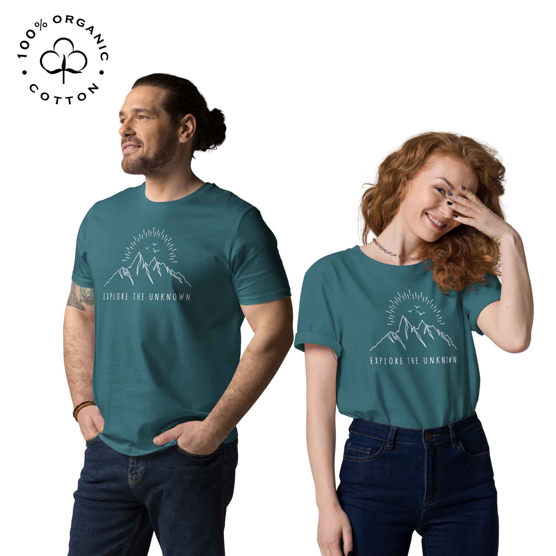 Eco-friendly -shirt with  with mountain design and 'Explore the Unknown' text.