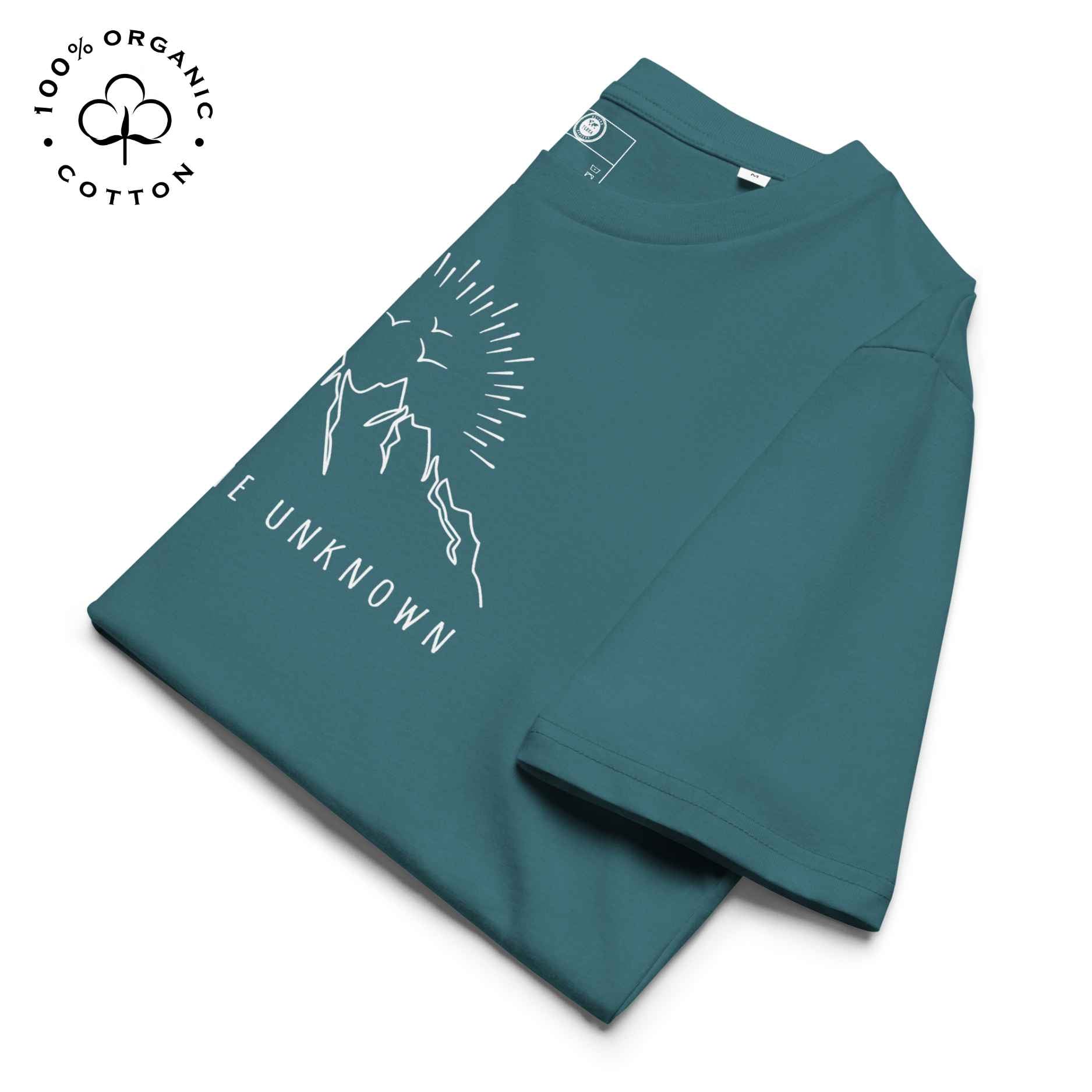 Eco-friendly -shirt with  with mountain design and 'Explore the Unknown' text.