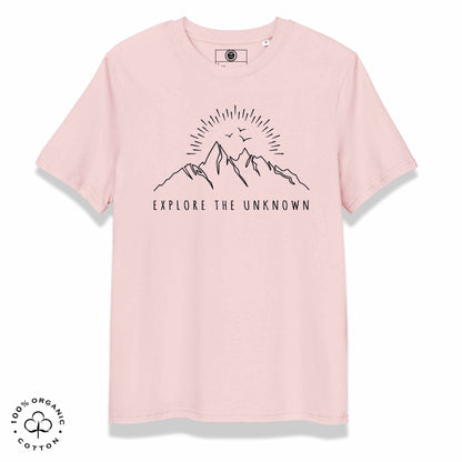 Pinkorganic cotton t-shirt with mountain, sun and birds graphic and 'Explore the Unknown' text  on a white background