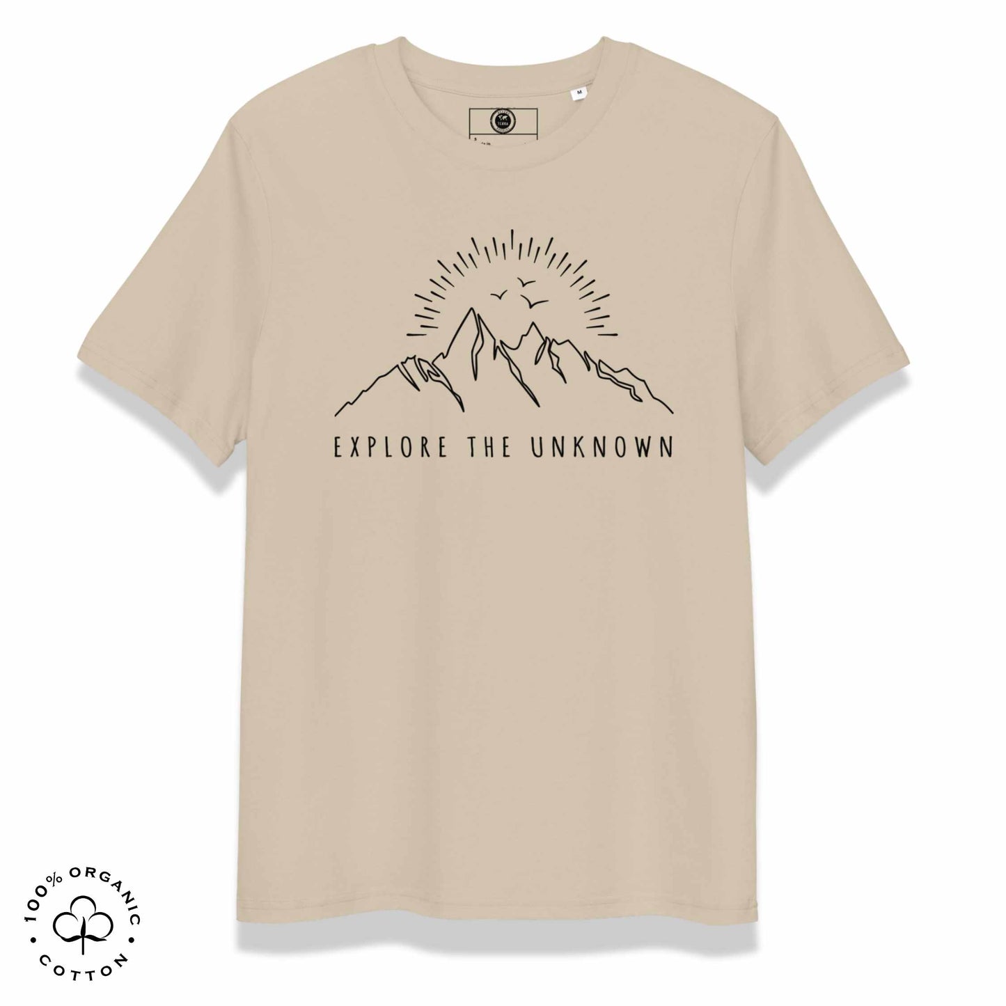 desert organic cotton t-shirt with mountain, sun and birds graphic and 'Explore the Unknown' text on a white background