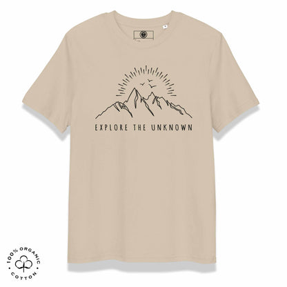 desert organic cotton t-shirt with mountain, sun and birds graphic and 'Explore the Unknown' text on a white background