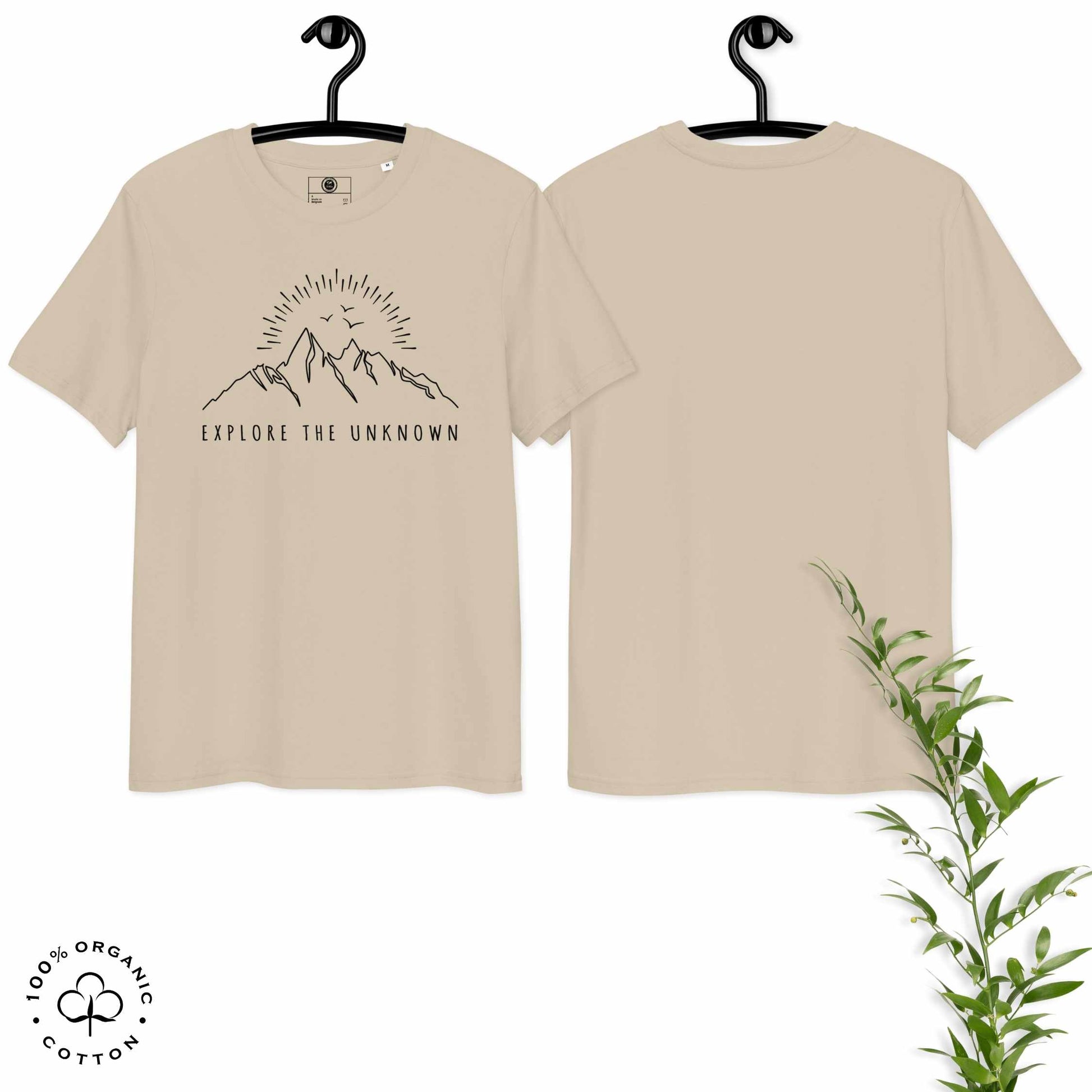 desert organic cotton t-shirt with mountain, sun and birds graphic and 'Explore the Unknown' text  hanged on a white background