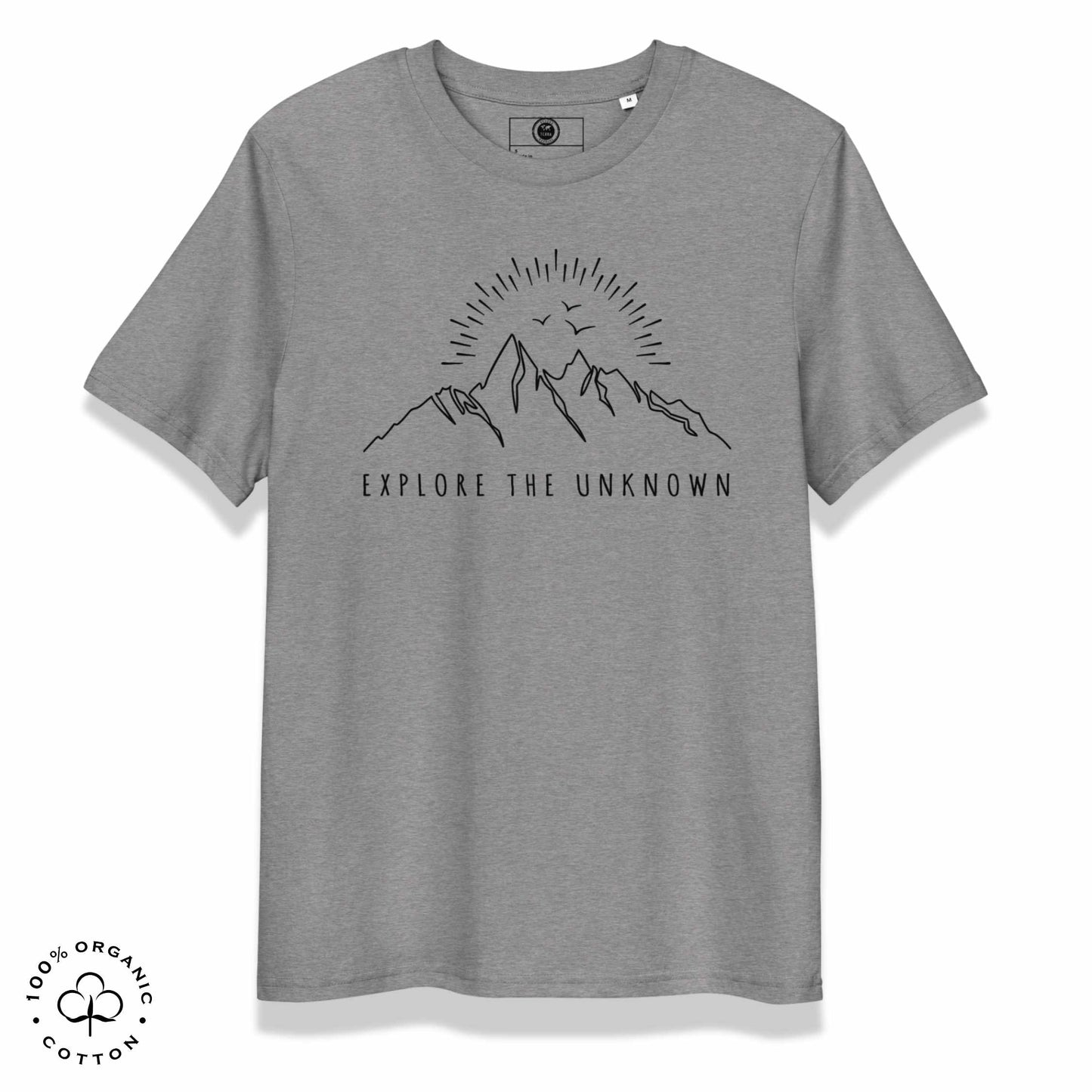 Gray khaki organic cotton t-shirt with mountain, sun and birds graphic and 'Explore the Unknown' text on a white background