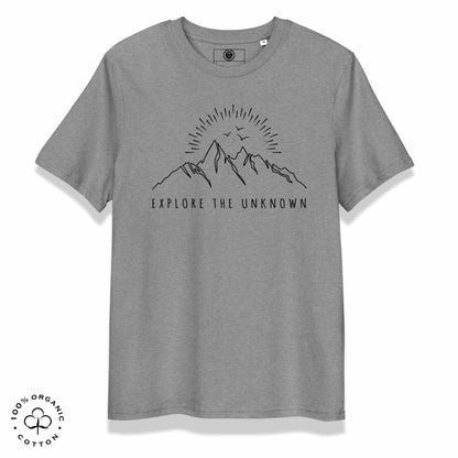 Gray khaki organic cotton t-shirt with mountain, sun and birds graphic and 'Explore the Unknown' text on a white background