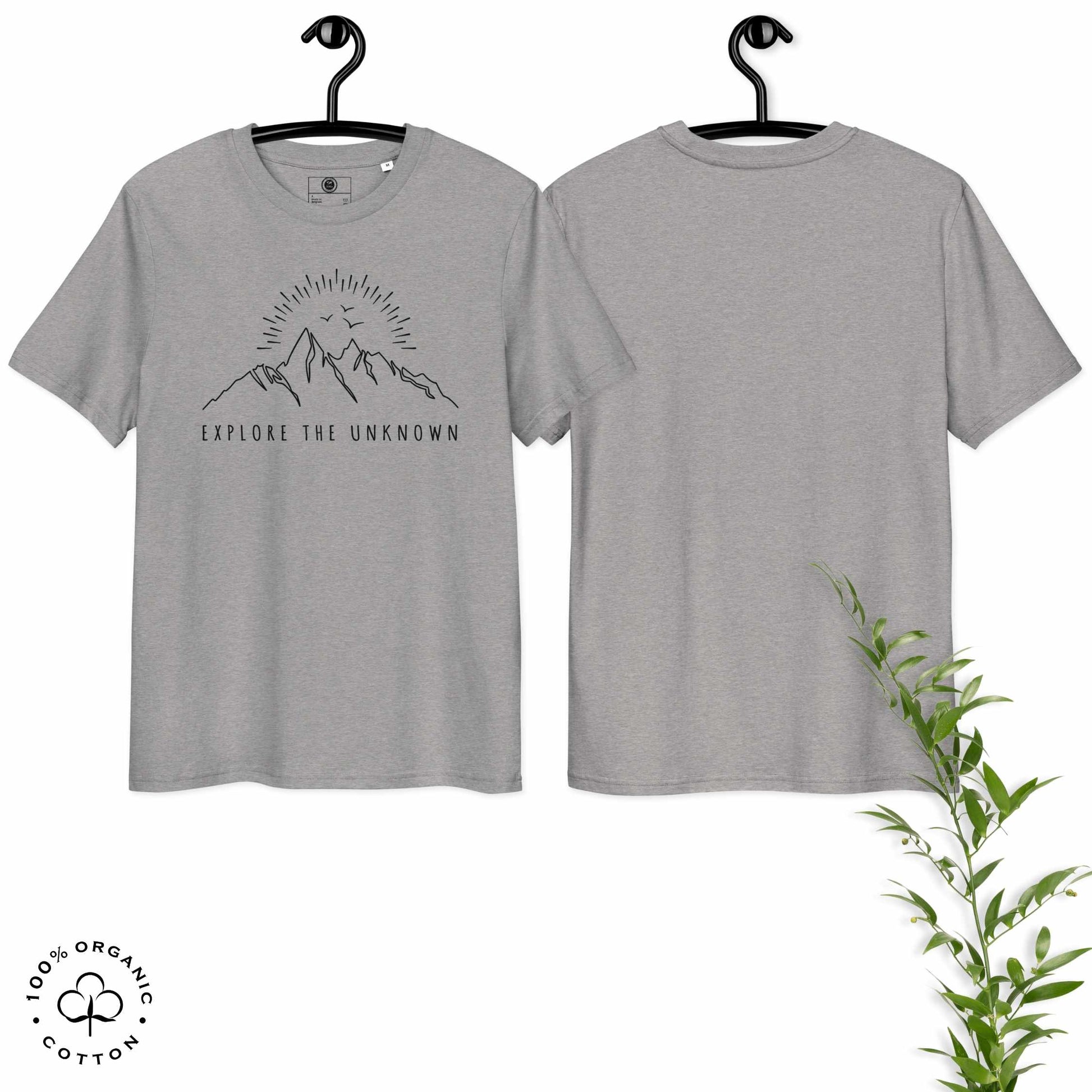 Gray khaki organic cotton t-shirt with mountain, sun and birds graphic and 'Explore the Unknown' text hanged on a white background