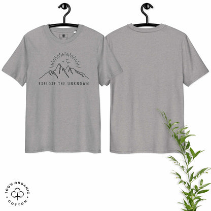 Gray khaki organic cotton t-shirt with mountain, sun and birds graphic and 'Explore the Unknown' text hanged on a white background