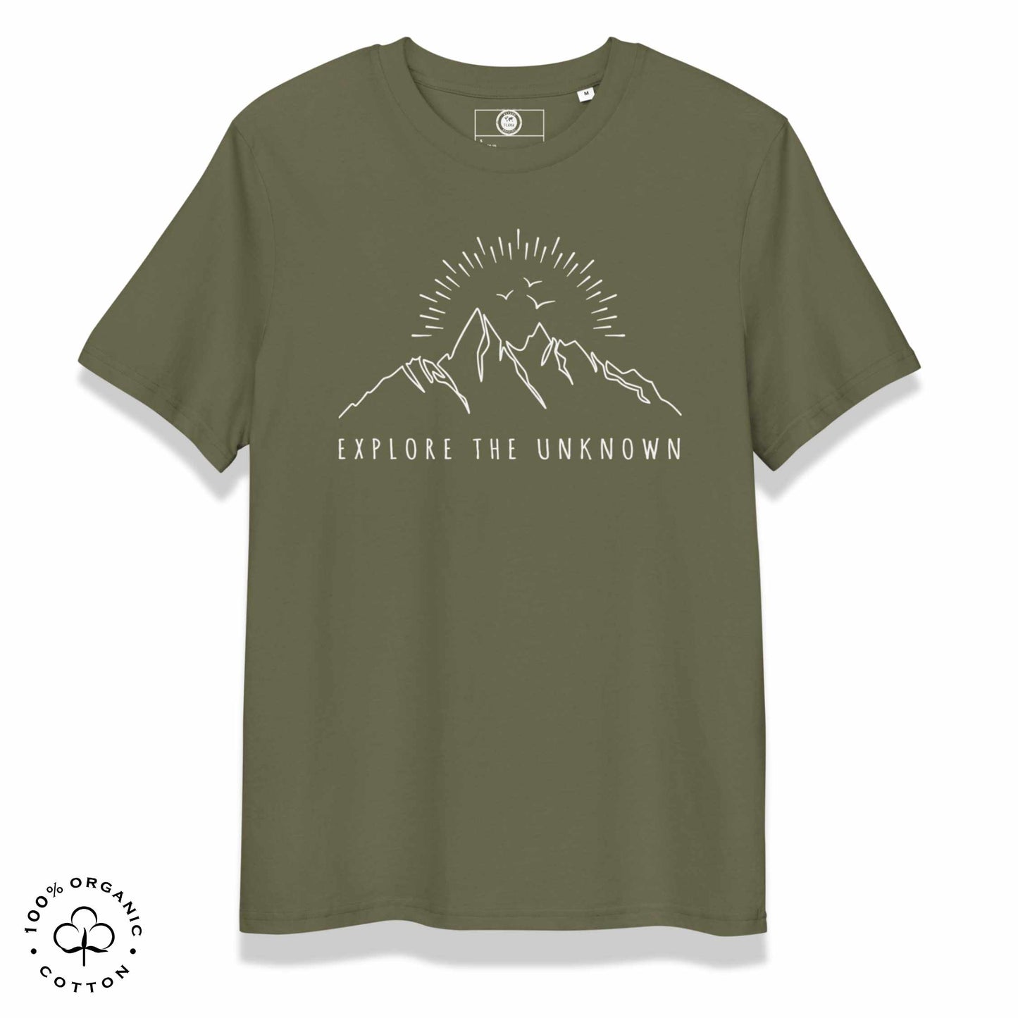 khaki organic cotton t-shirt with mountain, sun and birds graphic and 'Explore the Unknown' text on a white background
