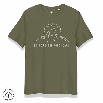 khaki organic cotton t-shirt with mountain, sun and birds graphic and 'Explore the Unknown' text on a white background