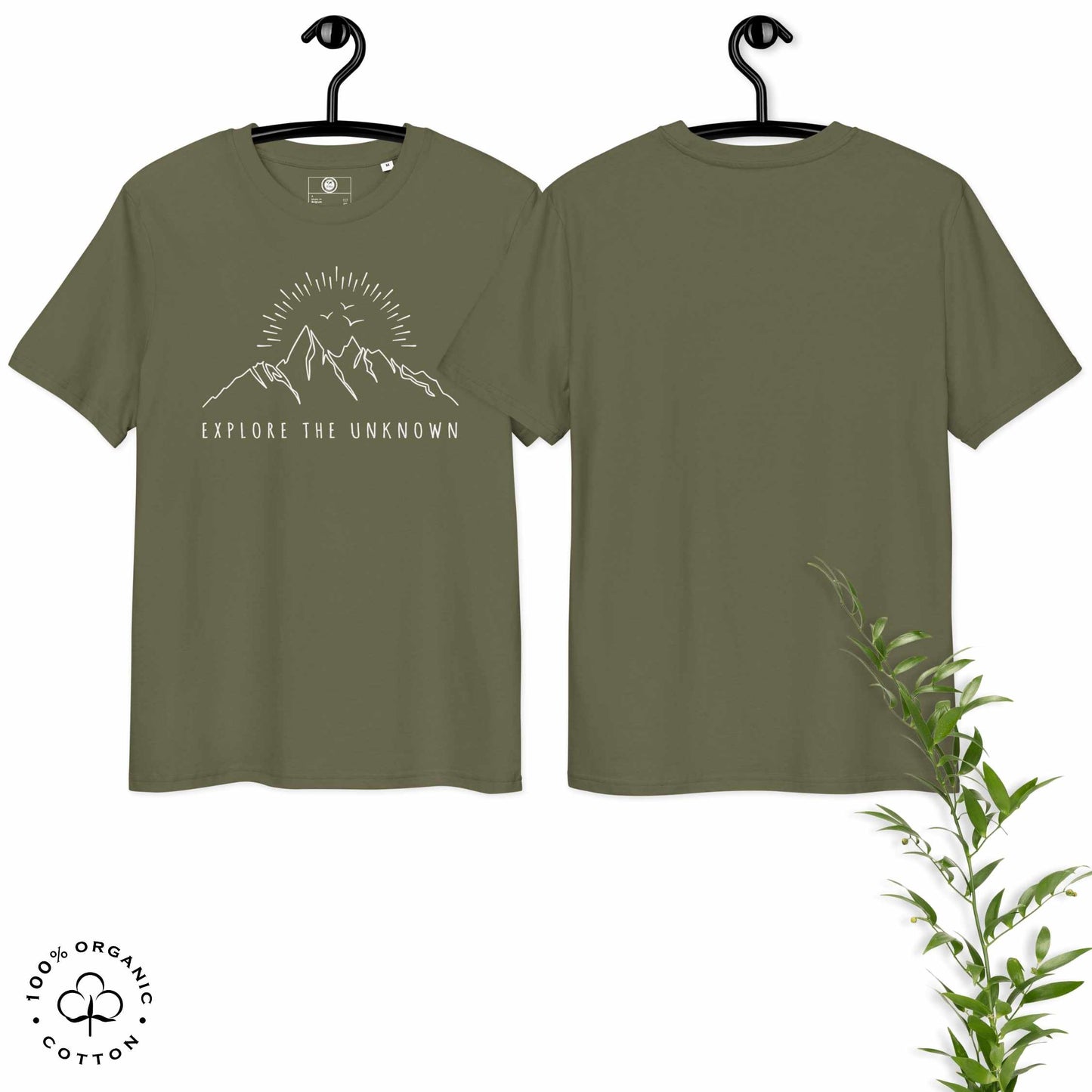 khaki organic cotton t-shirt with mountain, sun and birds graphic and 'Explore the Unknown' text hanged on a white background