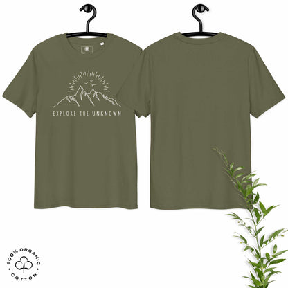 khaki organic cotton t-shirt with mountain, sun and birds graphic and 'Explore the Unknown' text hanged on a white background