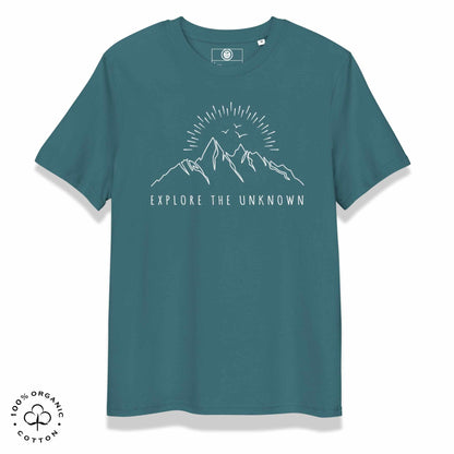 stargazer organic cotton t-shirt with mountain, sun and birds graphic and 'Explore the Unknown' text on a white background