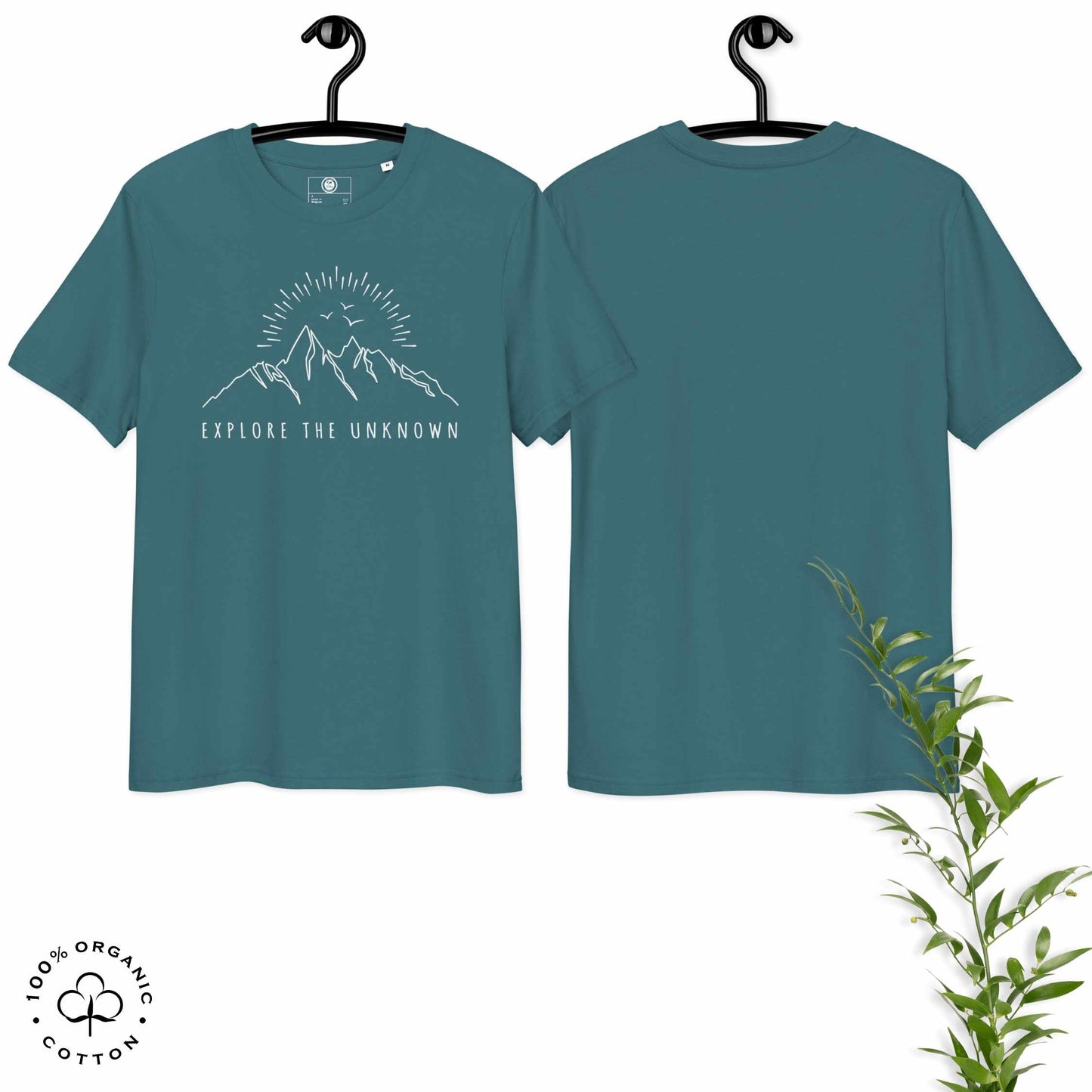 stargazer organic cotton t-shirt with mountain, sun and birds graphic and 'Explore the Unknown' text hanged on a white background