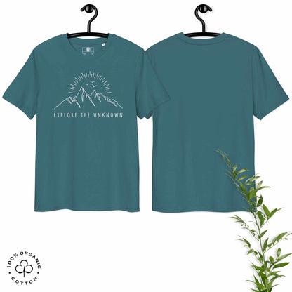 stargazer organic cotton t-shirt with mountain, sun and birds graphic and 'Explore the Unknown' text hanged on a white background