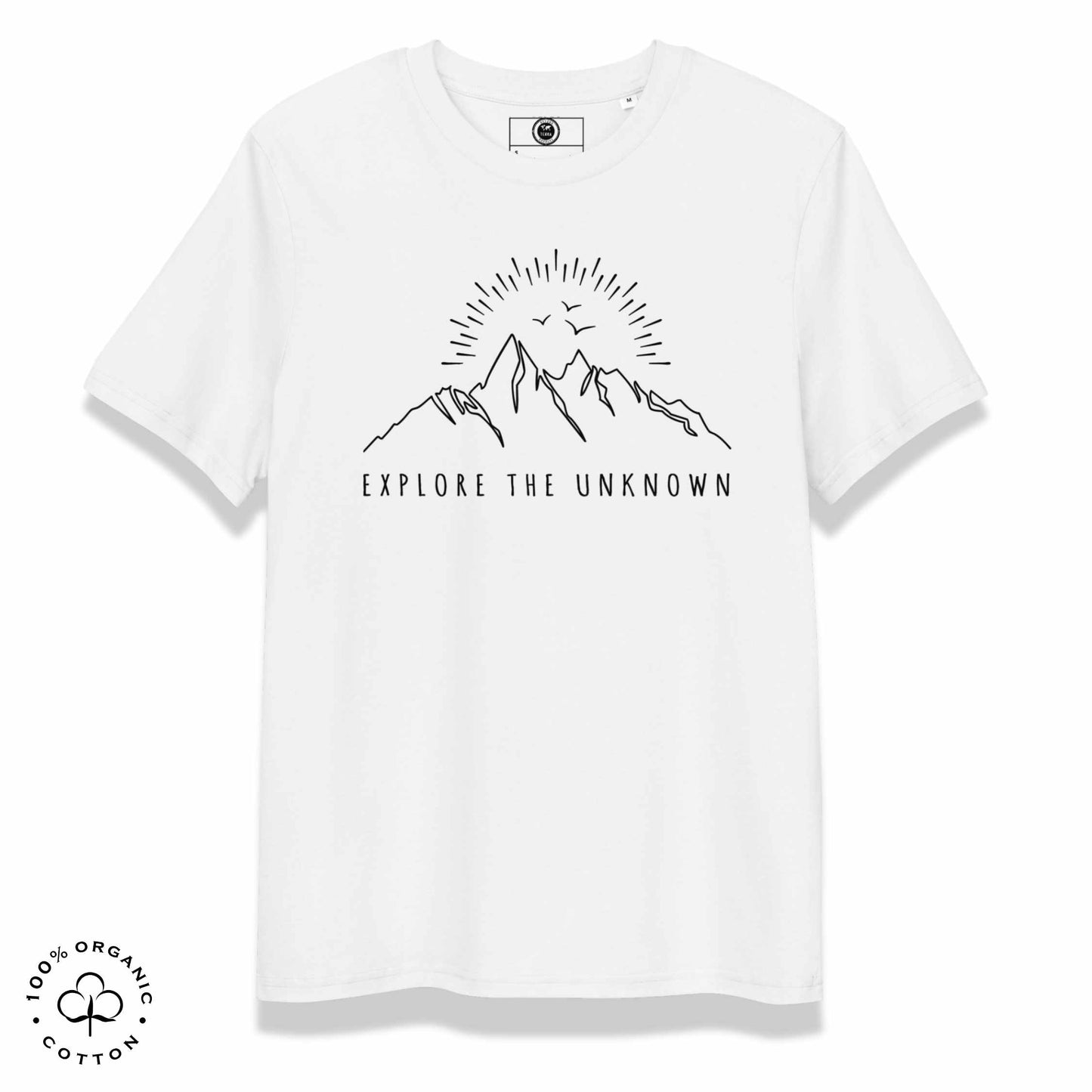 White organic cotton t-shirt with mountain, sun and birds graphic and 'Explore the Unknown' text on a white background