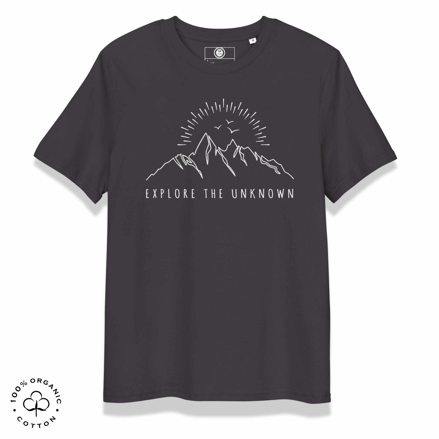 Anthracite organic cotton t-shirt with mountain, sun and birds graphic and 'Explore the Unknown' text  on a white background