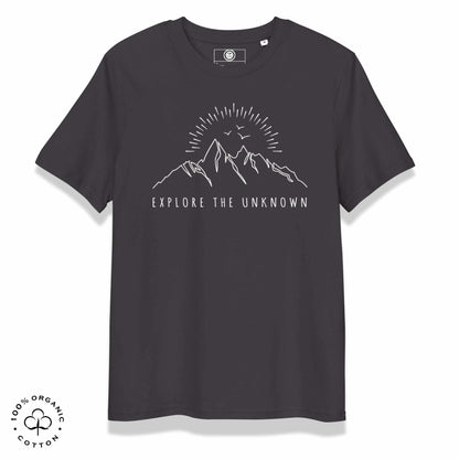 Anthracite organic cotton t-shirt with mountain, sun and birds graphic and 'Explore the Unknown' text  on a white background