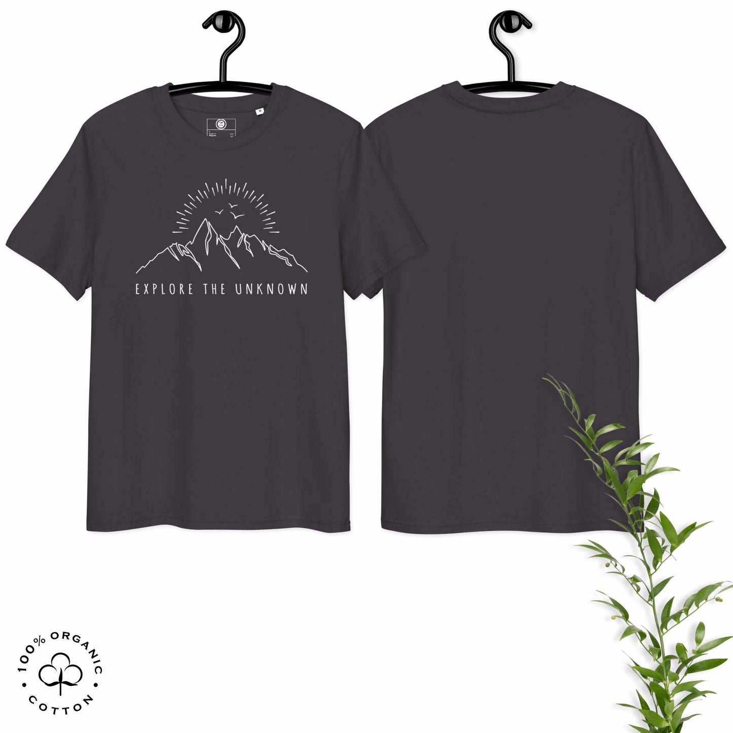 Anthracite organic cotton t-shirt with mountain, sun and birds graphic and 'Explore the Unknown' text on a white background